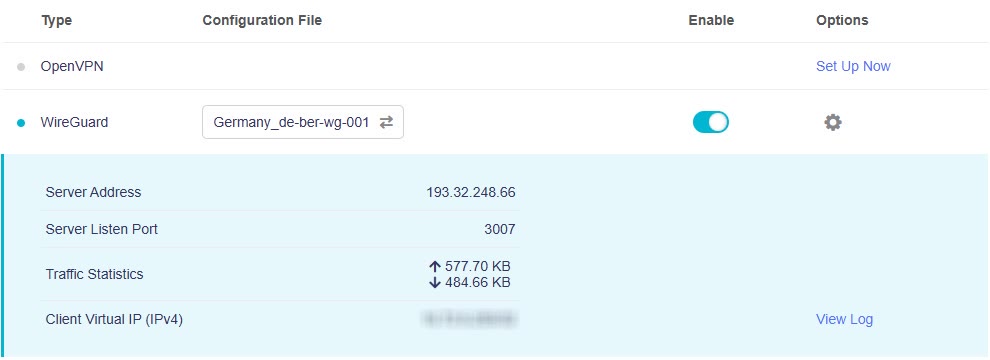Wiersz WireGuard w VPN Dashboard